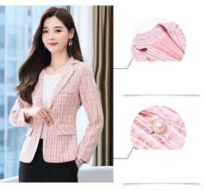 2025 Fashion Tweed Short Jacket Women's Plaid Blazers Coarse Woolen Coat Spring Autumn Casual Tops Slim Small Suit Jackets Lady