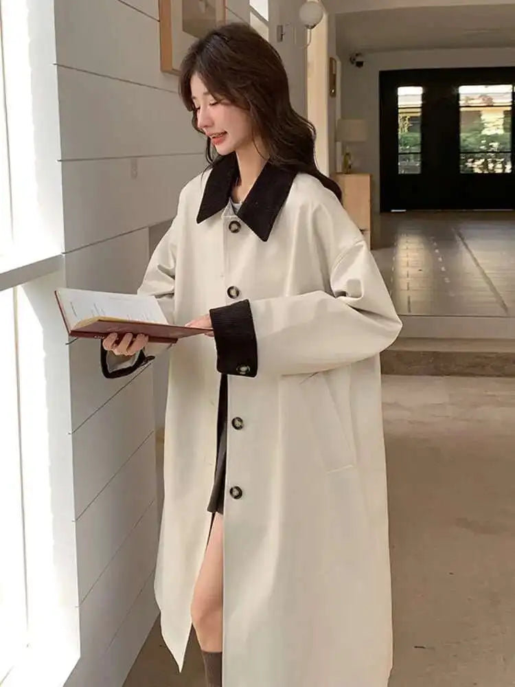LANMREM Women Trench Coat Korean Style New Lapel Long Sleeve Loose Single Breasted Windbreaker Fashion Tide Spring 2025 2DE118