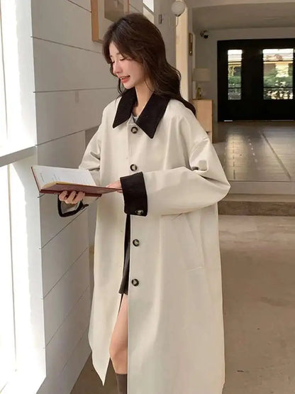 LANMREM Women Trench Coat Korean Style New Lapel Long Sleeve Loose Single Breasted Windbreaker Fashion Tide Spring 2025 2DE118