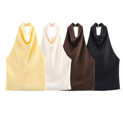 HH Spring Elegant Women Satin Halter Tops 2026 Summer Backless Off Shoulder Corset Vest Female Fashion Slim Crop Tank Top
