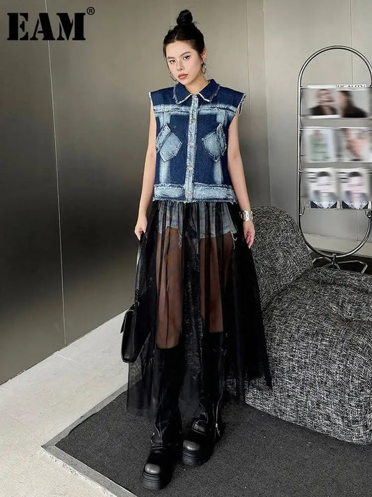 EAM Women Blue Denim Burr Mesh Color-block Big Size Blouse New Lapel Sleeveless Shirt Fashion Tide Spring Autumn 2026 1DJ2069