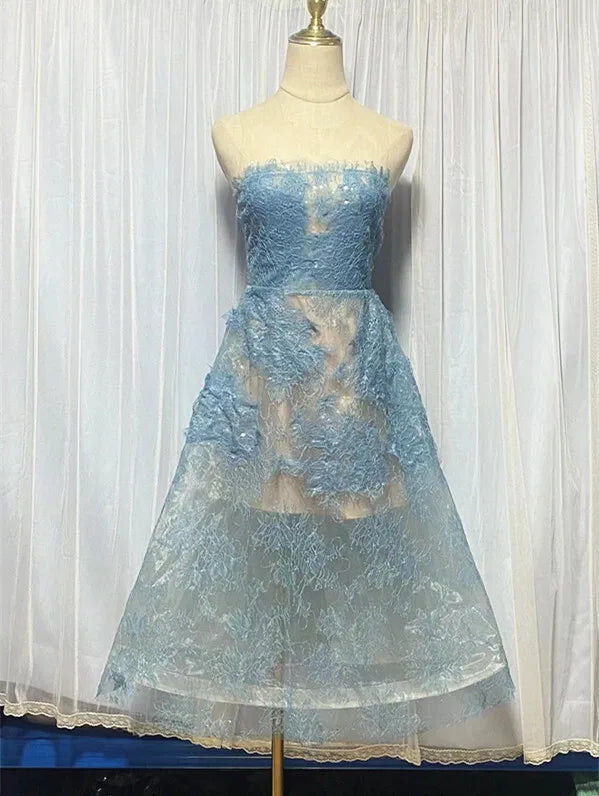UCXQ Korean Style 3D Flower Sequin Lace Strapless Dress Elegant Multi-color Mesh Long Dresses Women 2025 New Spring Summer A7877