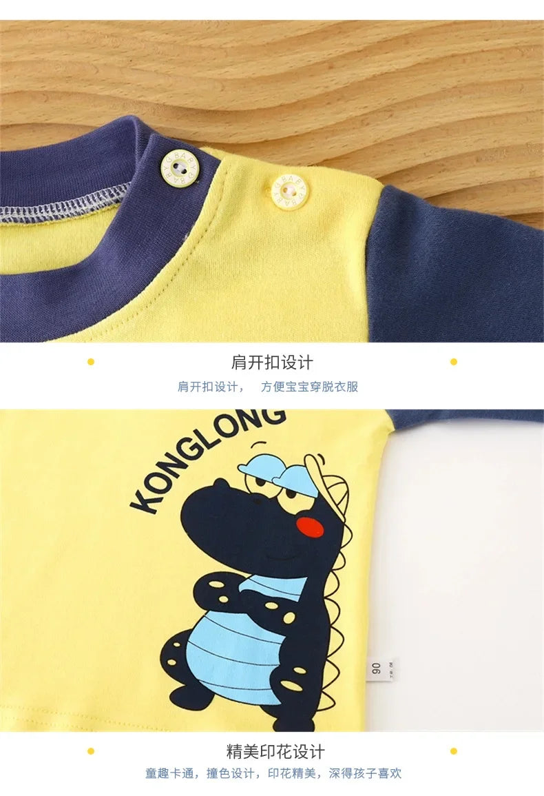 New 2024 Kids Underwear Clothing Sets Boys Girls Pure Cotton Cute Cartoon Dinosaur T-shirt Top with Pants Baby Autumn Pajamas