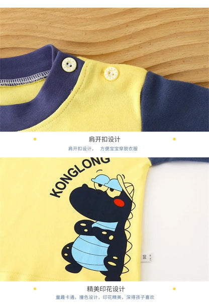 New 2024 Kids Underwear Clothing Sets Boys Girls Pure Cotton Cute Cartoon Dinosaur T-shirt Top with Pants Baby Autumn Pajamas