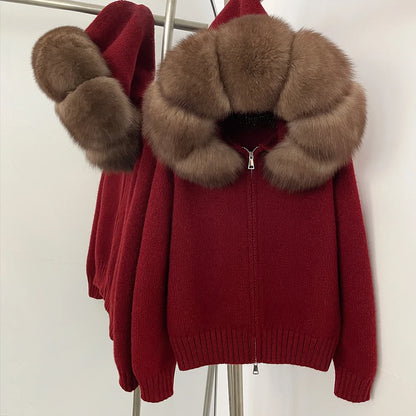 OFTBUY Real Mongolian Fur Knitwear Coat Women Cardigan Natural Fox Fur Coat Female Spring Autumn Hooded Knitted Fur Jacket