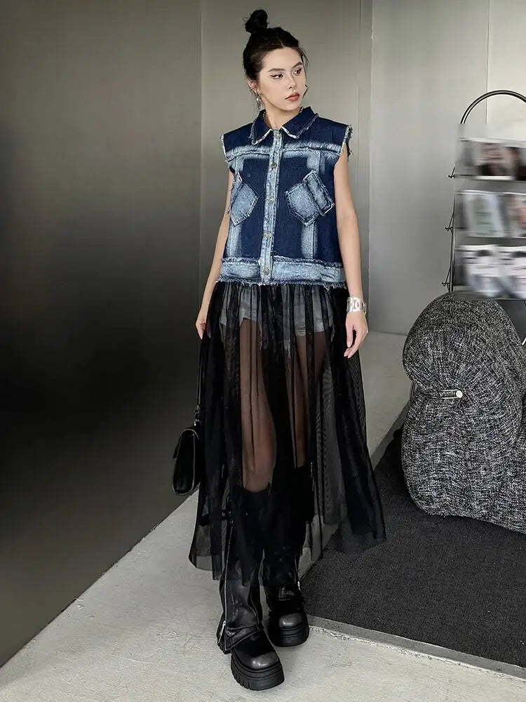 EAM Women Blue Denim Burr Mesh Color-block Big Size Blouse New Lapel Sleeveless Shirt Fashion Tide Spring Autumn 2026 1DJ2069