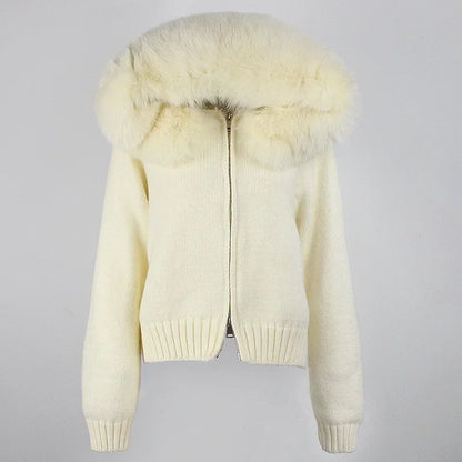 OFTBUY Real Mongolian Fur Knitwear Coat Women Cardigan Natural Fox Fur Coat Female Spring Autumn Hooded Knitted Fur Jacket