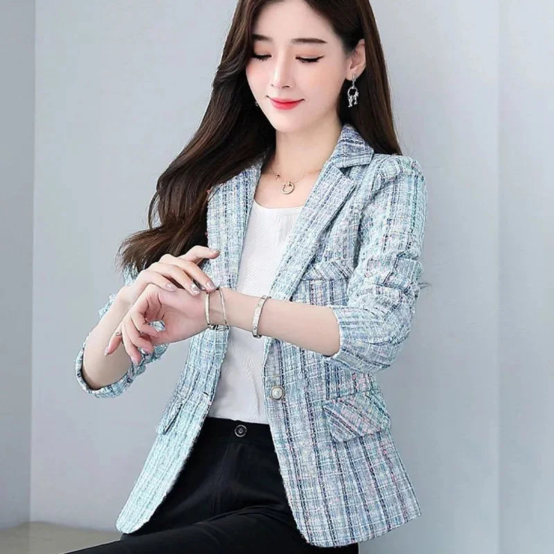 2025 Fashion Tweed Short Jacket Women's Plaid Blazers Coarse Woolen Coat Spring Autumn Casual Tops Slim Small Suit Jackets Lady