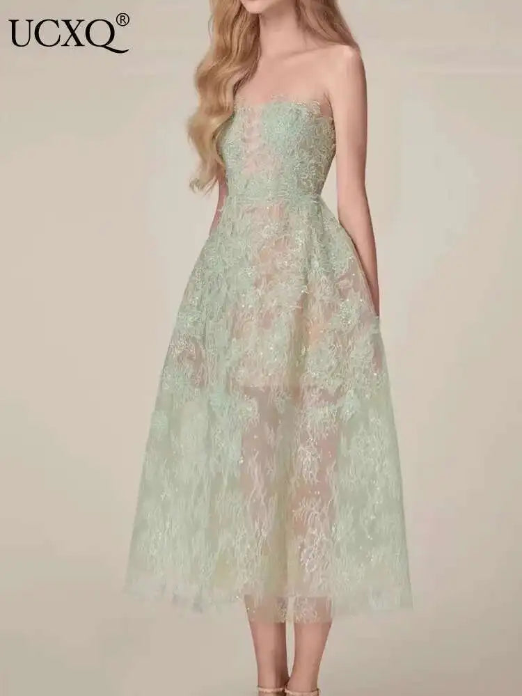UCXQ Korean Style 3D Flower Sequin Lace Strapless Dress Elegant Multi-color Mesh Long Dresses Women 2025 New Spring Summer A7877