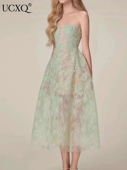 UCXQ Korean Style 3D Flower Sequin Lace Strapless Dress Elegant Multi-color Mesh Long Dresses Women 2025 New Spring Summer A7877