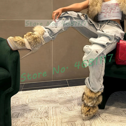 Beige Suede Leather Fur Ankle Boots Women Luxury Buckle Strap Platform Boots Female Spring High Heels Chic Round Toe Shoes