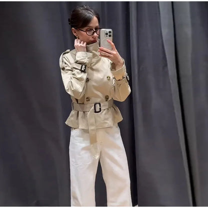 Fashion Lace Up Ruched Trench Coat Women Solid Loose Lapel Full Sleeve Jackets Female 2025 Spring Autumn Lady Commute Coats New