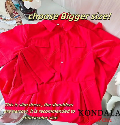 KONDALA Fall Women Elegant Red Belted Dress Lapel Pocket Long Dress 2025 New Summer High Street Romantic Casual Holidays Dress