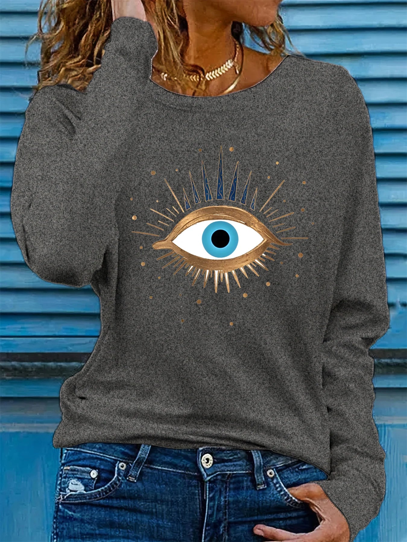 100% pure cotton women's spring and autumn loose comfortable eye pattern printed long sleeved round neck T-shirt