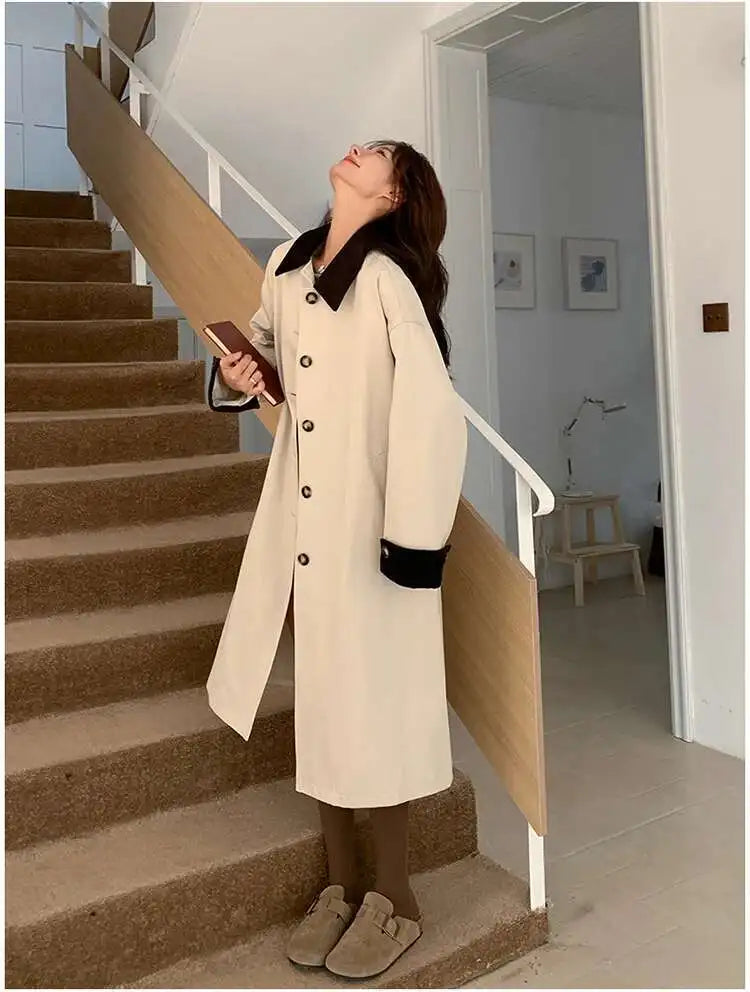 LANMREM Women Trench Coat Korean Style New Lapel Long Sleeve Loose Single Breasted Windbreaker Fashion Tide Spring 2025 2DE118