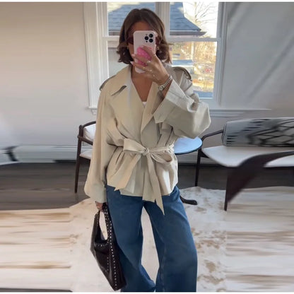 Fashion Lace Up Ruched Trench Coat Women Solid Loose Lapel Full Sleeve Jackets Female 2025 Spring Autumn Lady Commute Coats New