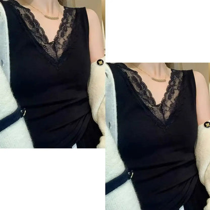 Spring Autumn Women's Slim Fit Lace Trim V-Ne Strap Vest Top Svel Inner Wear Base Layer Sweet Sle Elastic Fiber