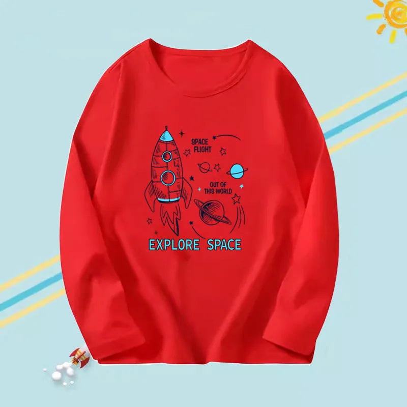 2023 Boys Autumn T-shirts Cartoon Steamer T-shirt for Boy Autumn Long Sleeve O-Neck T-shirts Children's Autumn Spring Cotton Tee