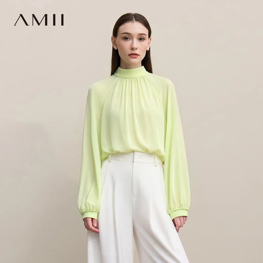 Amii Women Blouse 2026 Spring New Elegant Commuter Half Turtleneck Chiffon Shirt Women's Raglan Sleeve Solid Loose Top 12641072