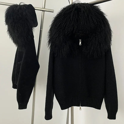 OFTBUY Real Mongolian Fur Knitwear Coat Women Cardigan Natural Fox Fur Coat Female Spring Autumn Hooded Knitted Fur Jacket