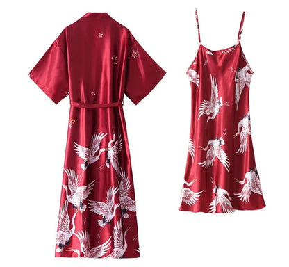 Sexy Nightwear Gown Set Women 2PC Pyjama V-Neck Pajamas Silky Sleepwear Spring Lady Sleep Suit Robe Wear Home Negligee Homewear