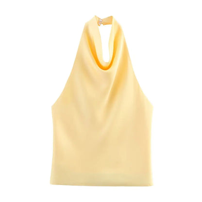 HH Spring Elegant Women Satin Halter Tops 2026 Summer Backless Off Shoulder Corset Vest Female Fashion Slim Crop Tank Top