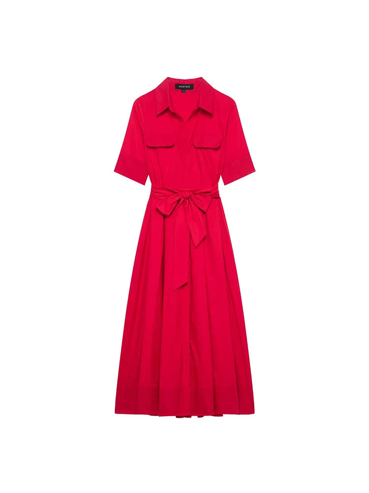 KONDALA Fall Women Elegant Red Belted Dress Lapel Pocket Long Dress 2025 New Summer High Street Romantic Casual Holidays Dress