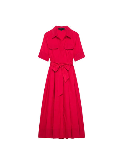 KONDALA Fall Women Elegant Red Belted Dress Lapel Pocket Long Dress 2025 New Summer High Street Romantic Casual Holidays Dress