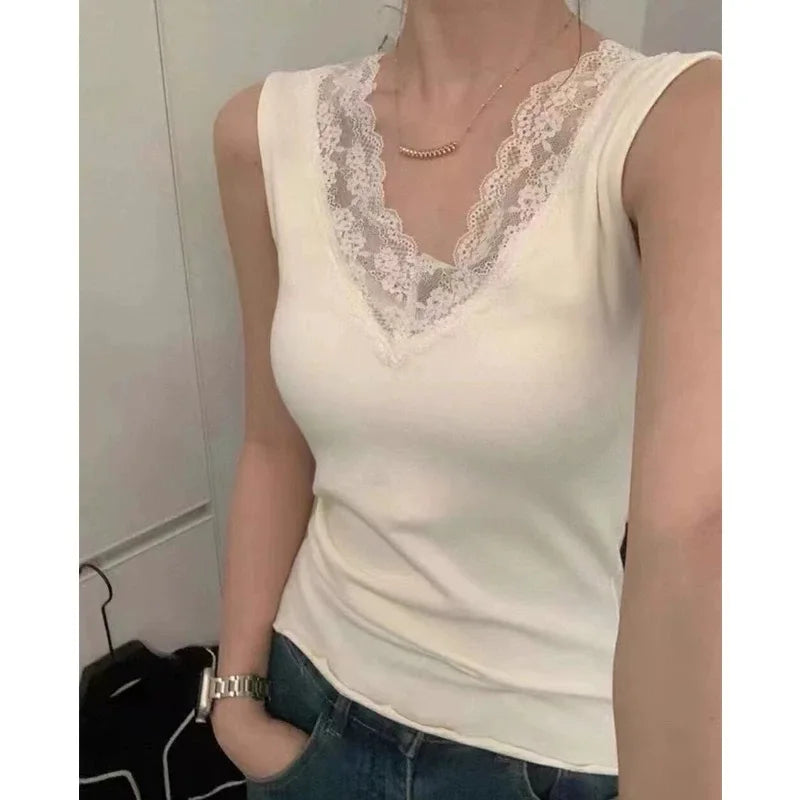 Spring Autumn Women's Slim Fit Lace Trim V-Ne Strap Vest Top Svel Inner Wear Base Layer Sweet Sle Elastic Fiber