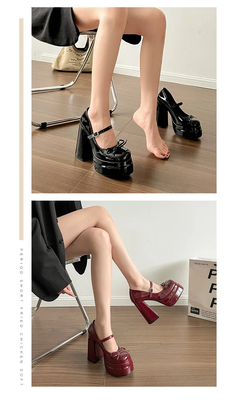 Comemore Platform Square High Heel Women's Mary Jane Shoes Fashion Butterfly-knot Shoes Spring Autumn Wedding Party Pumps Shoes