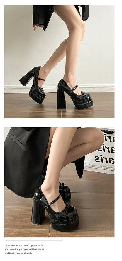 Comemore Platform Square High Heel Women's Mary Jane Shoes Fashion Butterfly-knot Shoes Spring Autumn Wedding Party Pumps Shoes