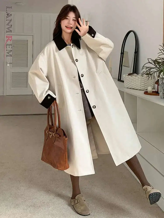 LANMREM Women Trench Coat Korean Style New Lapel Long Sleeve Loose Single Breasted Windbreaker Fashion Tide Spring 2025 2DE118