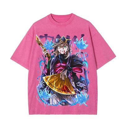 Demon Slayer Men's and Women's Washed T-Shirt Douma Summer and Spring New Anime Tee Retro Distressed Oversize Short Sleeve