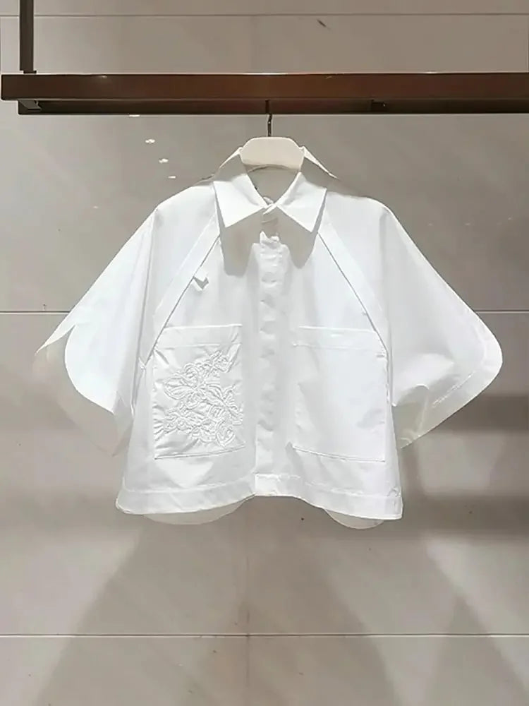 Summer Short Flip Collar Half Sleeve Embroidered Short Sleeve Loose White Bat Sleeve White Shirt For Women