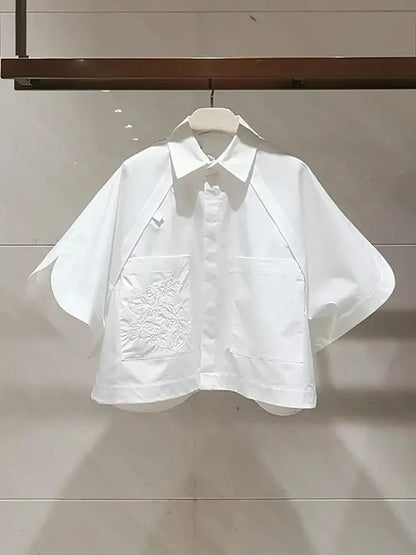 Summer Short Flip Collar Half Sleeve Embroidered Short Sleeve Loose White Bat Sleeve White Shirt For Women