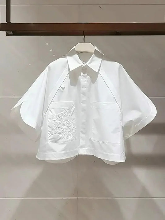 Summer Short Flip Collar Half Sleeve Embroidered Short Sleeve Loose White Bat Sleeve White Shirt For Women