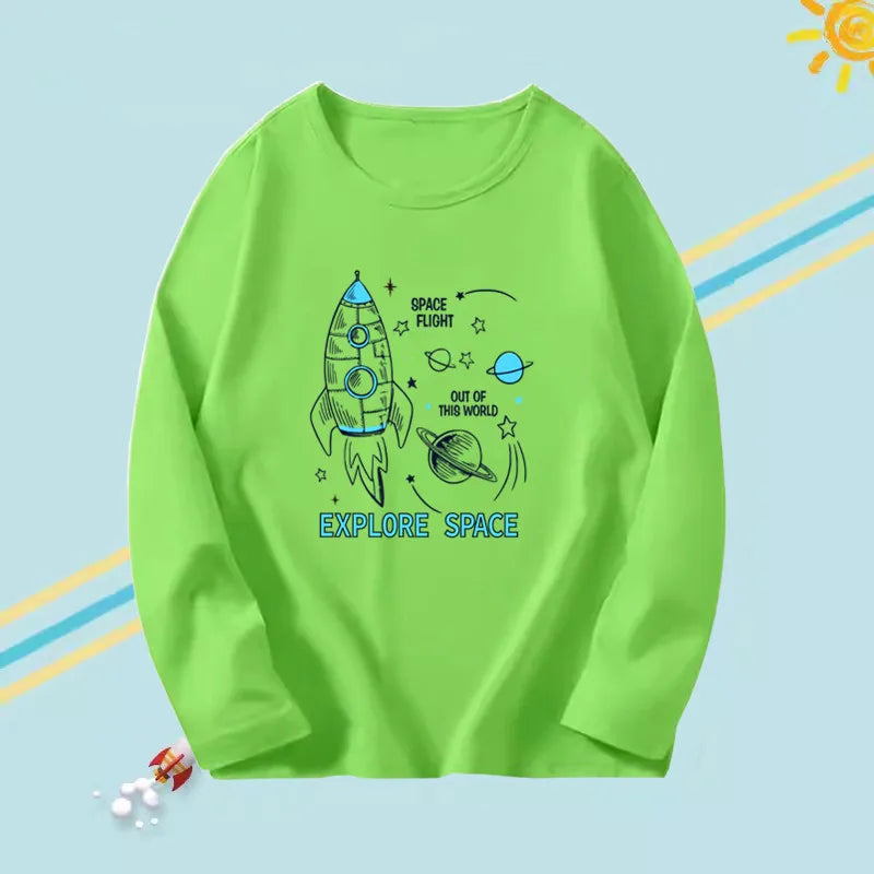 2023 Boys Autumn T-shirts Cartoon Steamer T-shirt for Boy Autumn Long Sleeve O-Neck T-shirts Children's Autumn Spring Cotton Tee