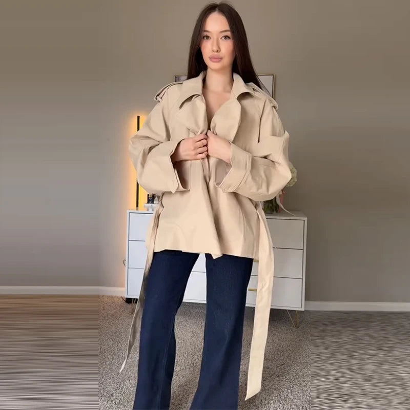 Fashion Lace Up Ruched Trench Coat Women Solid Loose Lapel Full Sleeve Jackets Female 2025 Spring Autumn Lady Commute Coats New