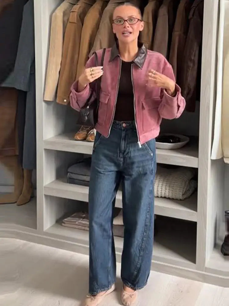 Fashion Corduroy Long Sleeve Zipper Jacket For Women PU Leather Collar Pockets Coat 2026 Spring New Lady Street Chic Outerwear