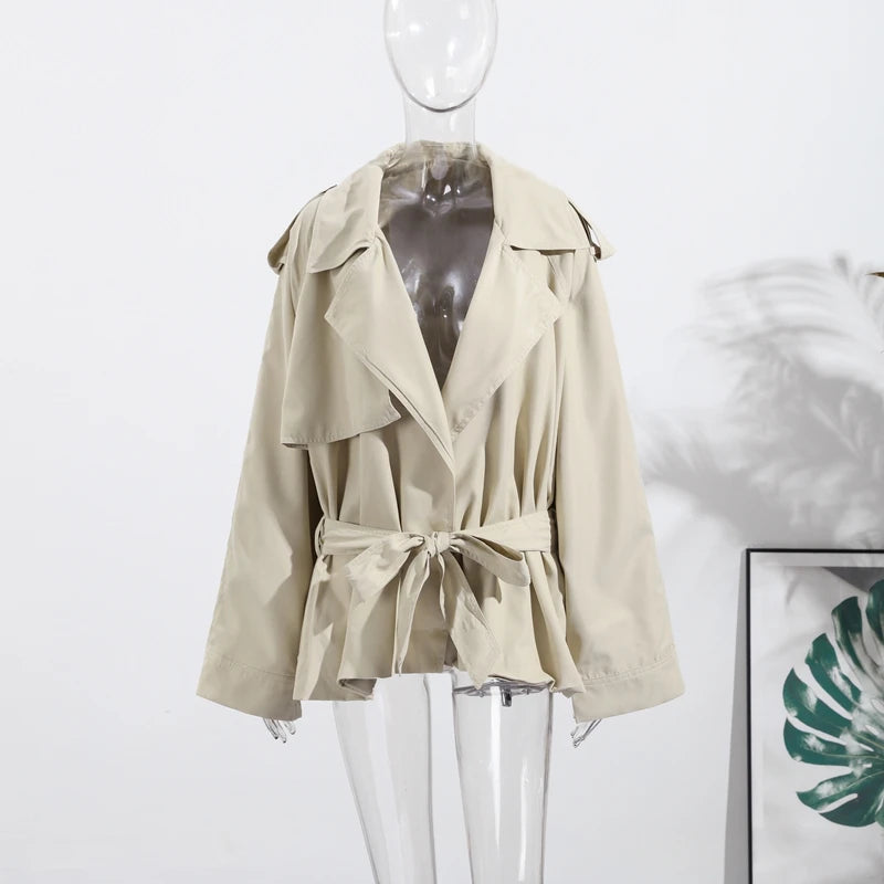 Fashion Lace Up Ruched Trench Coat Women Solid Loose Lapel Full Sleeve Jackets Female 2025 Spring Autumn Lady Commute Coats New