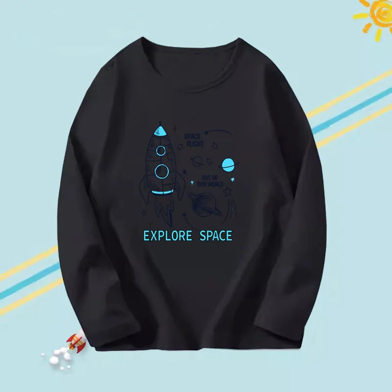2023 Boys Autumn T-shirts Cartoon Steamer T-shirt for Boy Autumn Long Sleeve O-Neck T-shirts Children's Autumn Spring Cotton Tee
