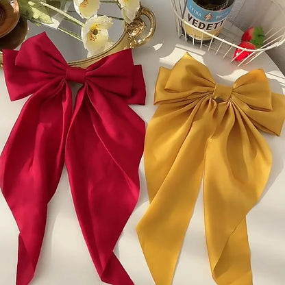 Korean Accessories Hair Clips for Women Girls Big Bowknot Solid Satin Long Ribbon Bows Spring Clamp Barette Cheveux Femme 2023