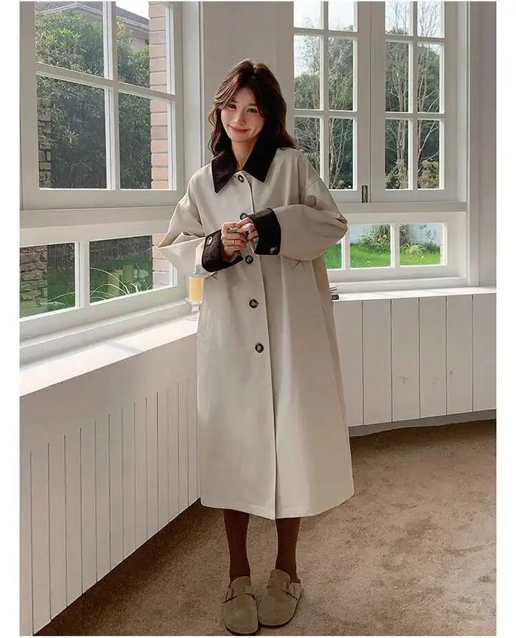 LANMREM Women Trench Coat Korean Style New Lapel Long Sleeve Loose Single Breasted Windbreaker Fashion Tide Spring 2025 2DE118