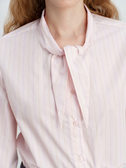 ZIQIAO Women's Pink Striped Cotton Shirt with Bunny Ear Tie Spring 2026 New Korean Style Long-Sleeved Top Age-reducing