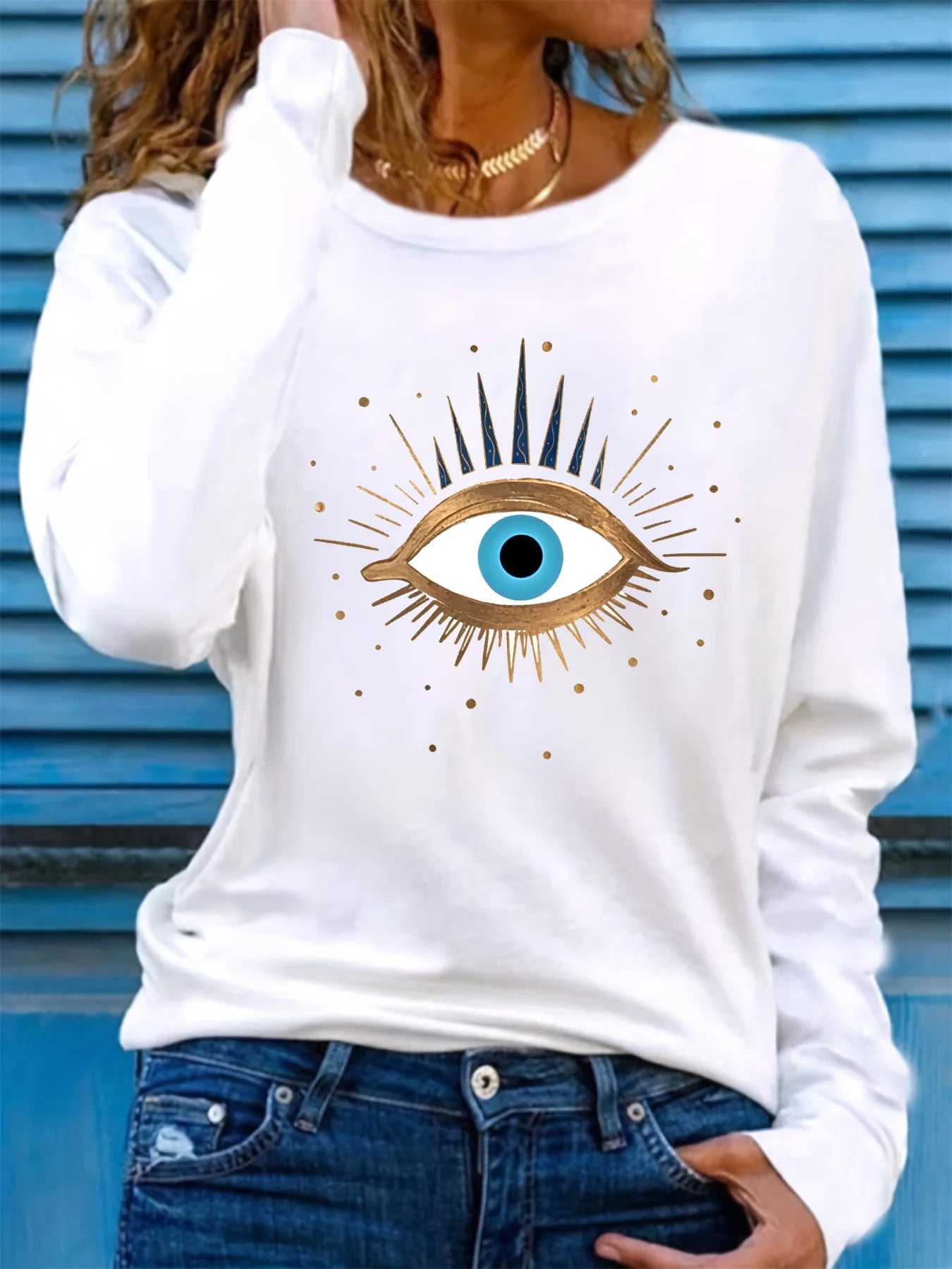 100% pure cotton women's spring and autumn loose comfortable eye pattern printed long sleeved round neck T-shirt