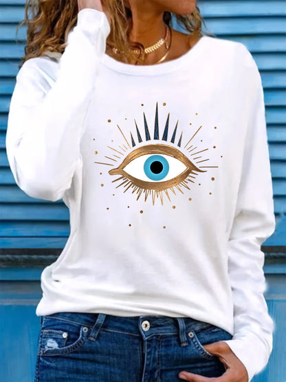 100% pure cotton women's spring and autumn loose comfortable eye pattern printed long sleeved round neck T-shirt
