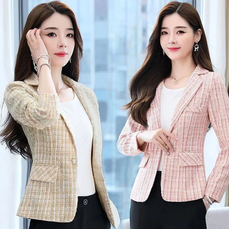 2025 Fashion Tweed Short Jacket Women's Plaid Blazers Coarse Woolen Coat Spring Autumn Casual Tops Slim Small Suit Jackets Lady