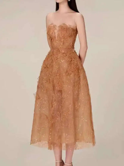 UCXQ Korean Style 3D Flower Sequin Lace Strapless Dress Elegant Multi-color Mesh Long Dresses Women 2025 New Spring Summer A7877