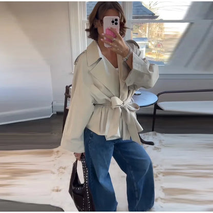 Fashion Lace Up Ruched Trench Coat Women Solid Loose Lapel Full Sleeve Jackets Female 2025 Spring Autumn Lady Commute Coats New