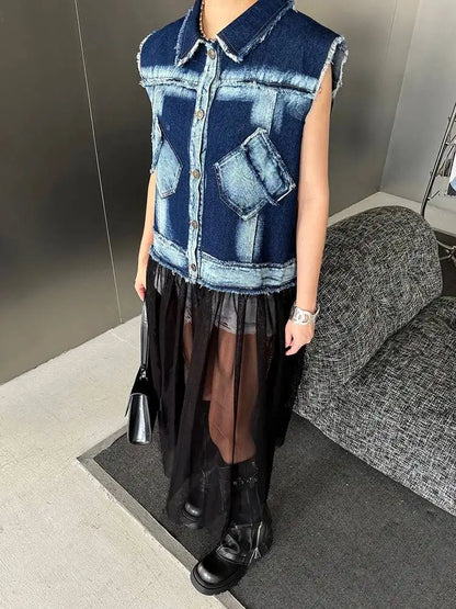EAM Women Blue Denim Burr Mesh Color-block Big Size Blouse New Lapel Sleeveless Shirt Fashion Tide Spring Autumn 2026 1DJ2069